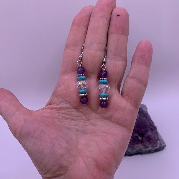 Amethyst Turquoise Austrian Crystal Handmade Pierced Earrings LR132 - Picture 4 of 4
